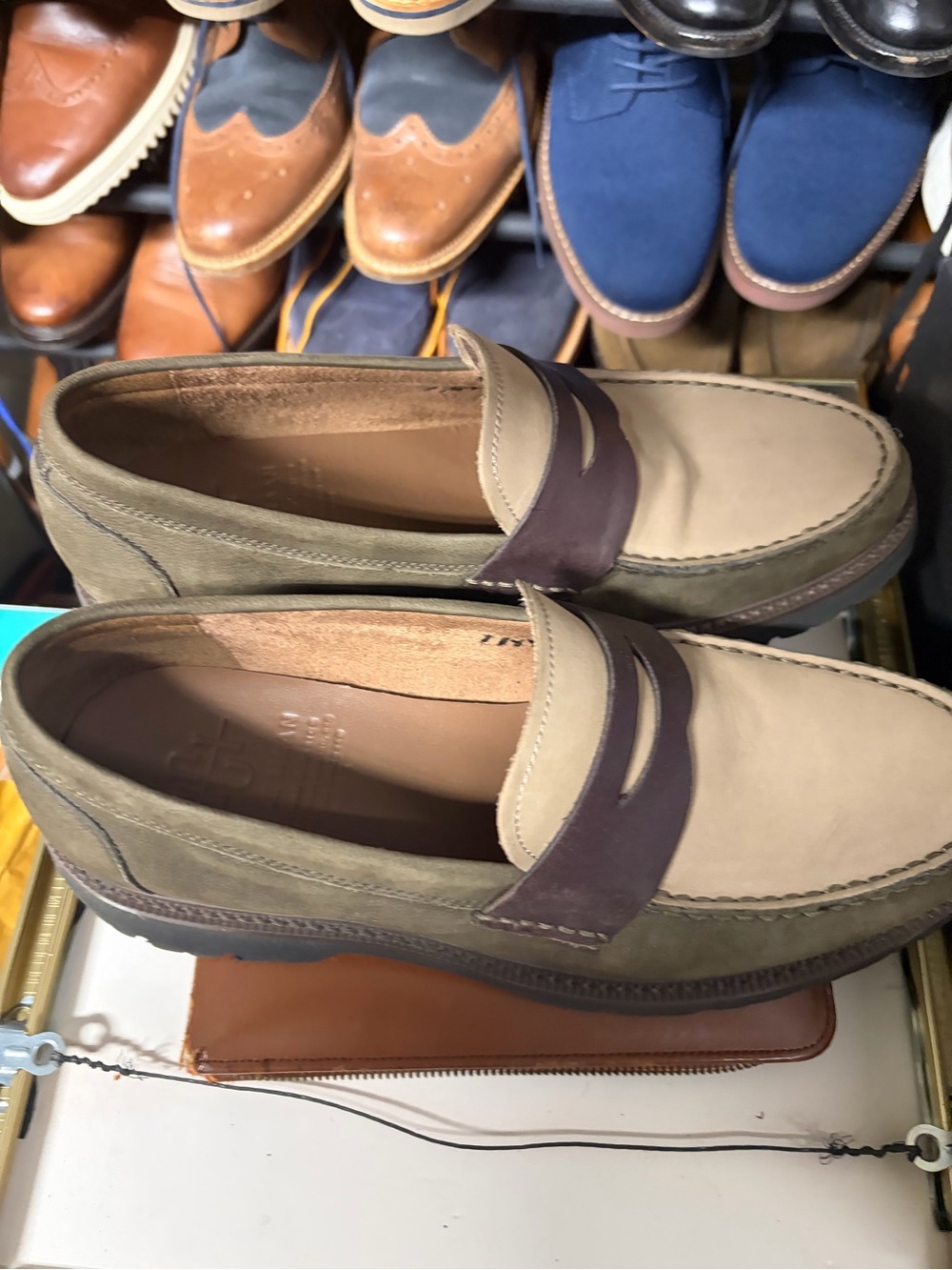 Cole Haan Beige and Olive Penny Loafers with Dark Brown Strap